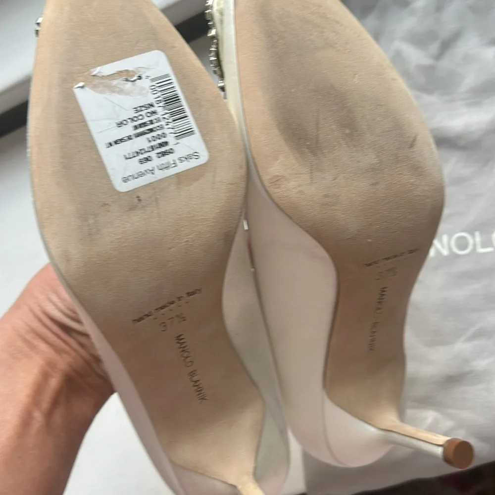 Manolo Blahnik White Satin Pump with Crystal Buckle